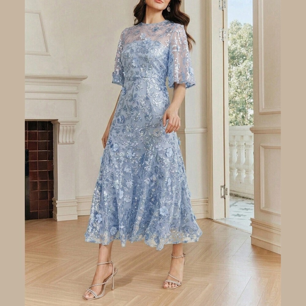 Pastel Blue Sequin Floral Mesh Flutter Sleeve Maxi Cocktail Dress